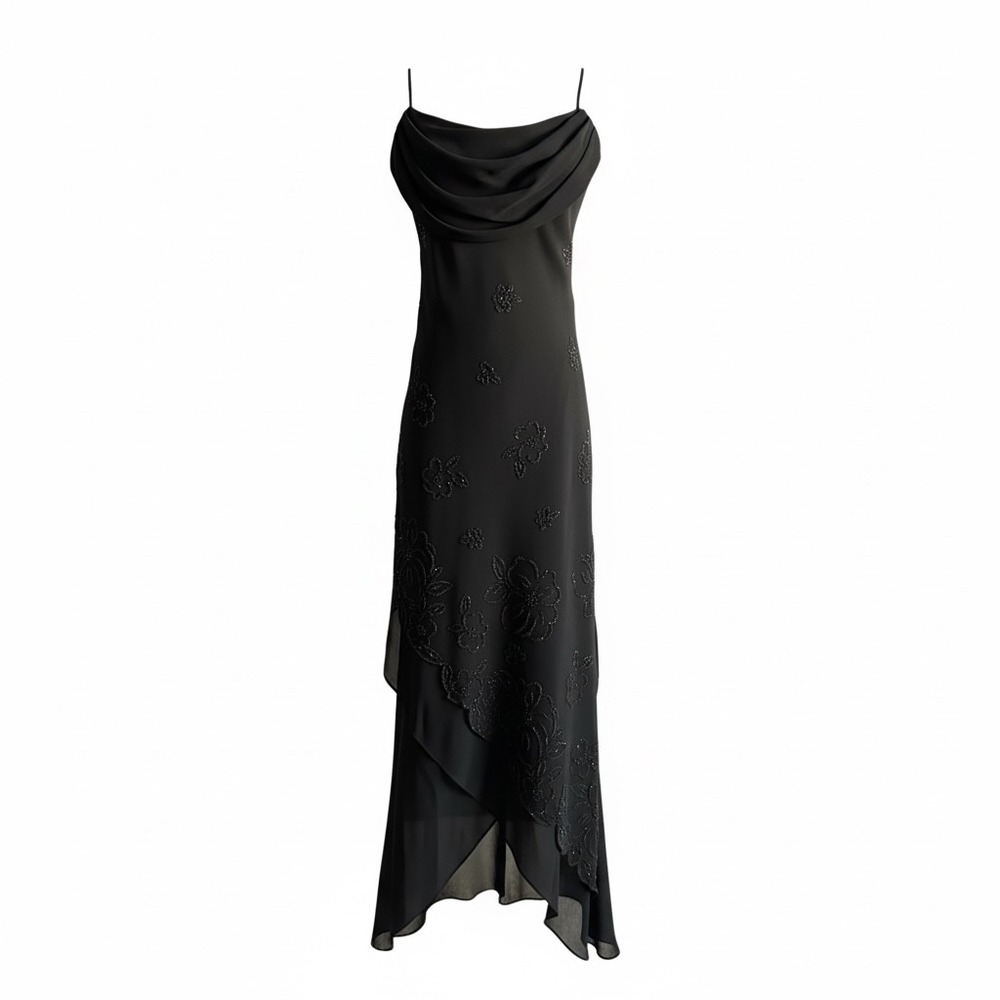 Vintage Y2K Onyx Nite Black Beaded Cowl Neck Gown -‎ Size 8 - Whimsygoth